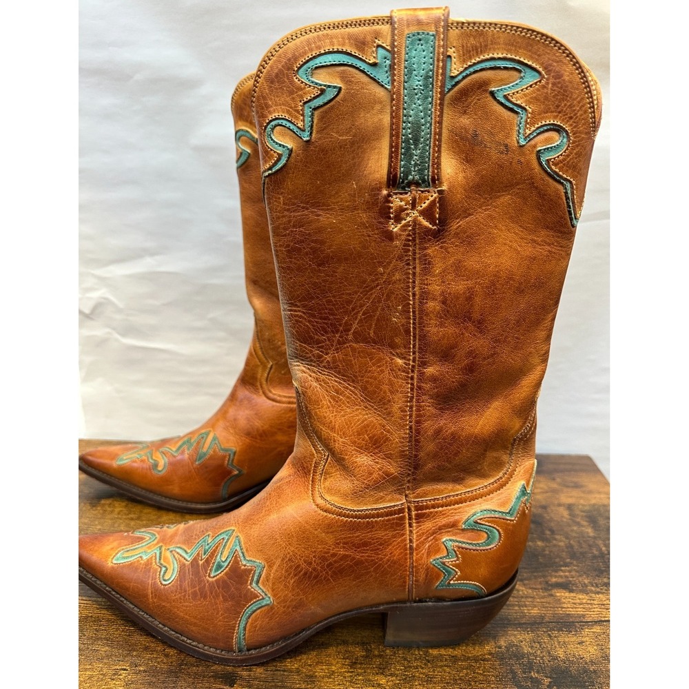 Charlie 1 Horse Tan Leather Turquoise Inlay Embroidered Western Boots Sz 9.5 B - Picture 5 of 16